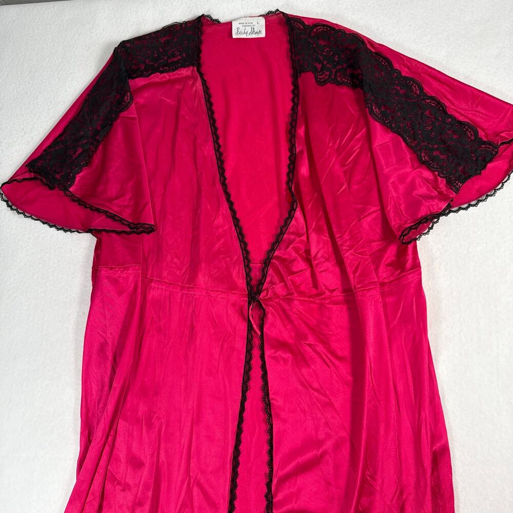 Vintage Becky Sharpe Hot pink robe black lace detail made in usa womens large